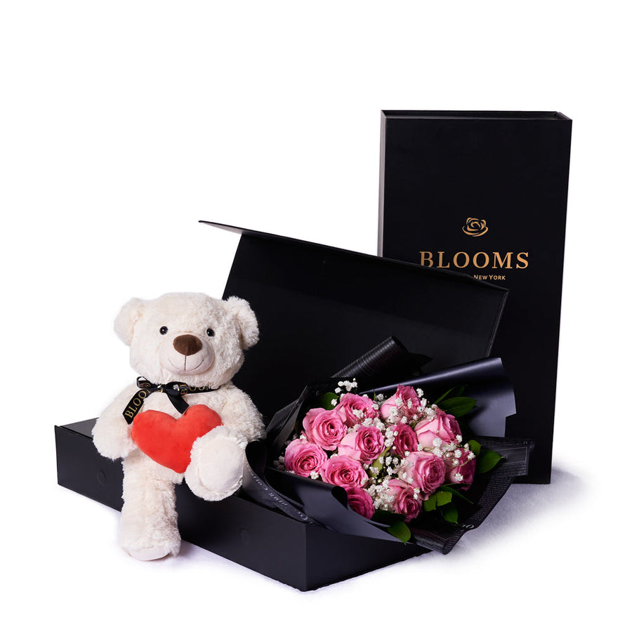 Valentine's Day 12 Stem Pink Rose Bouquet With Box & Bear, Valentine's Day gifts, Toronto Same Day Flower Delivery, plush gifts