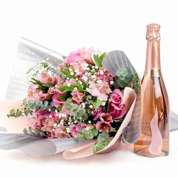 A Classy Affair Flowers & Prosecco Gift, Pink rose bouquet with light pink filler flowers, Italian sparkling wine, Flower Gifts from Canada Blooms - Same Day Canada Delivery.