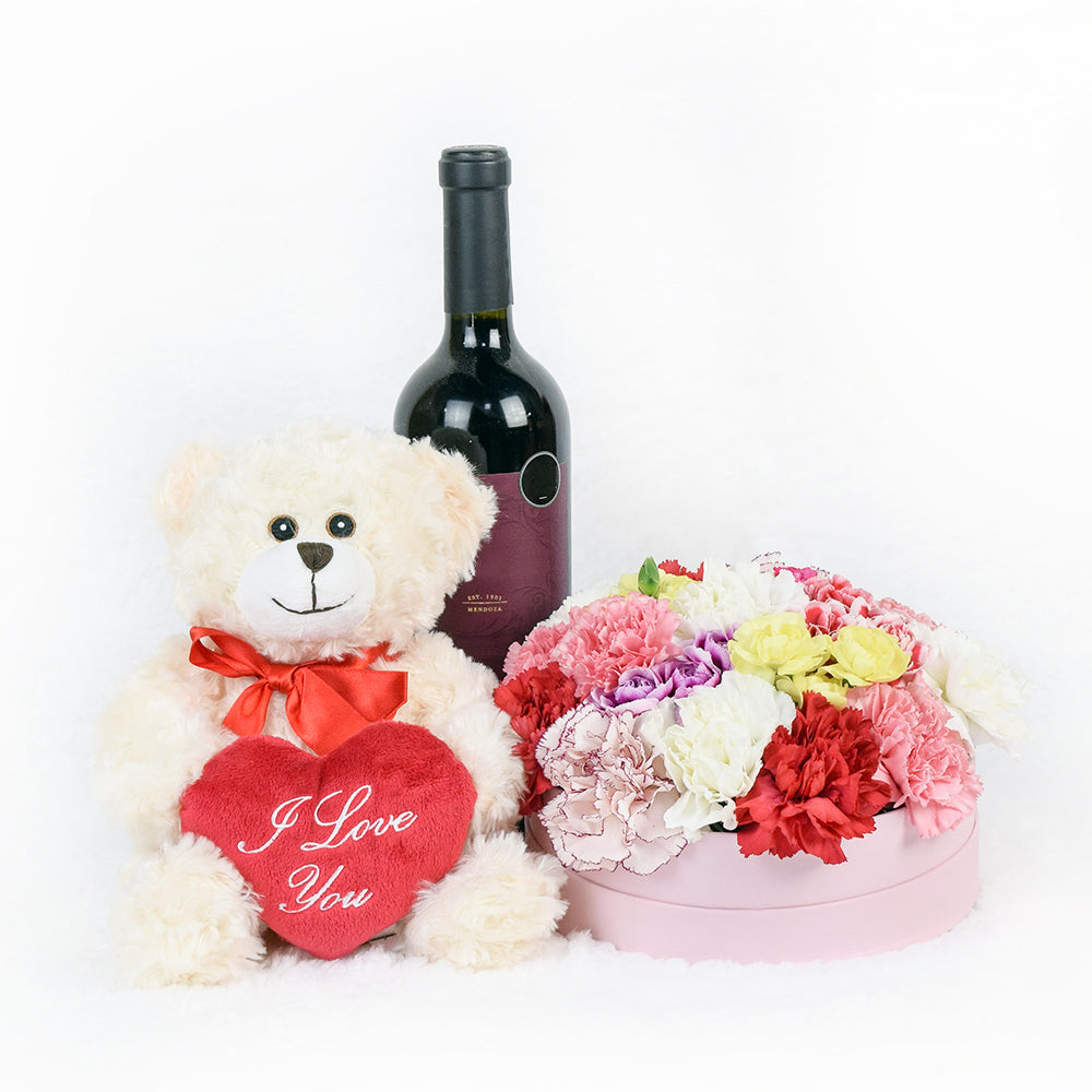 Carnation Hat Box With Wine and Plush, Canada Blooms - Canada Blooms  Delivery