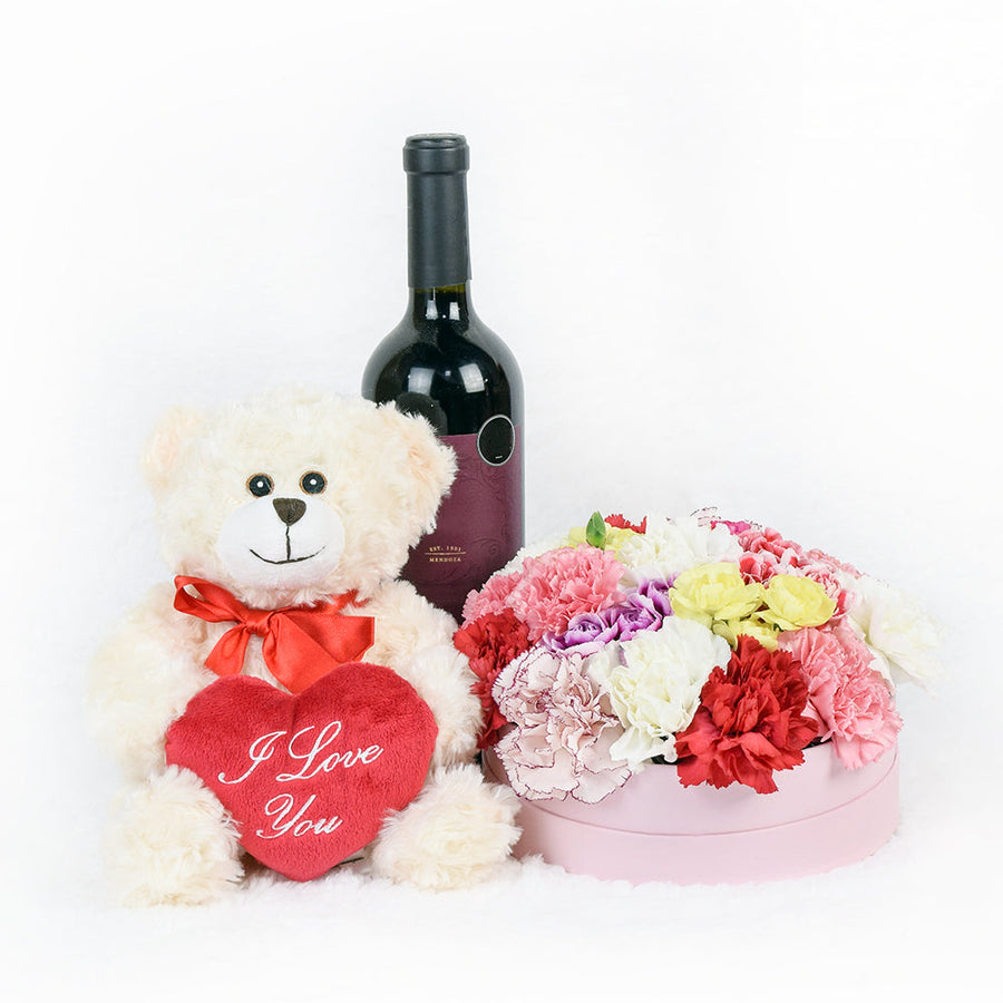 Carnation Hat Box With Wine and Plush, Blooms Canada Delivery