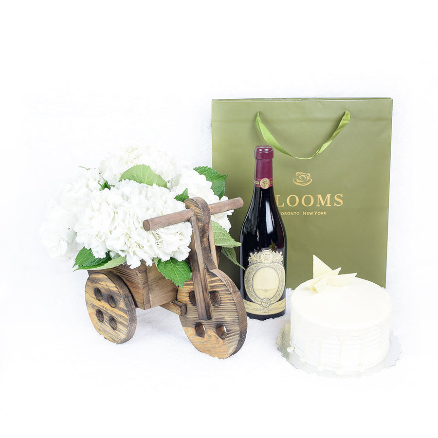 Hydragea FLower in a wooden bicycle planter. With Wine and Cake, Blooms Canada- Blooms Canada Delivery