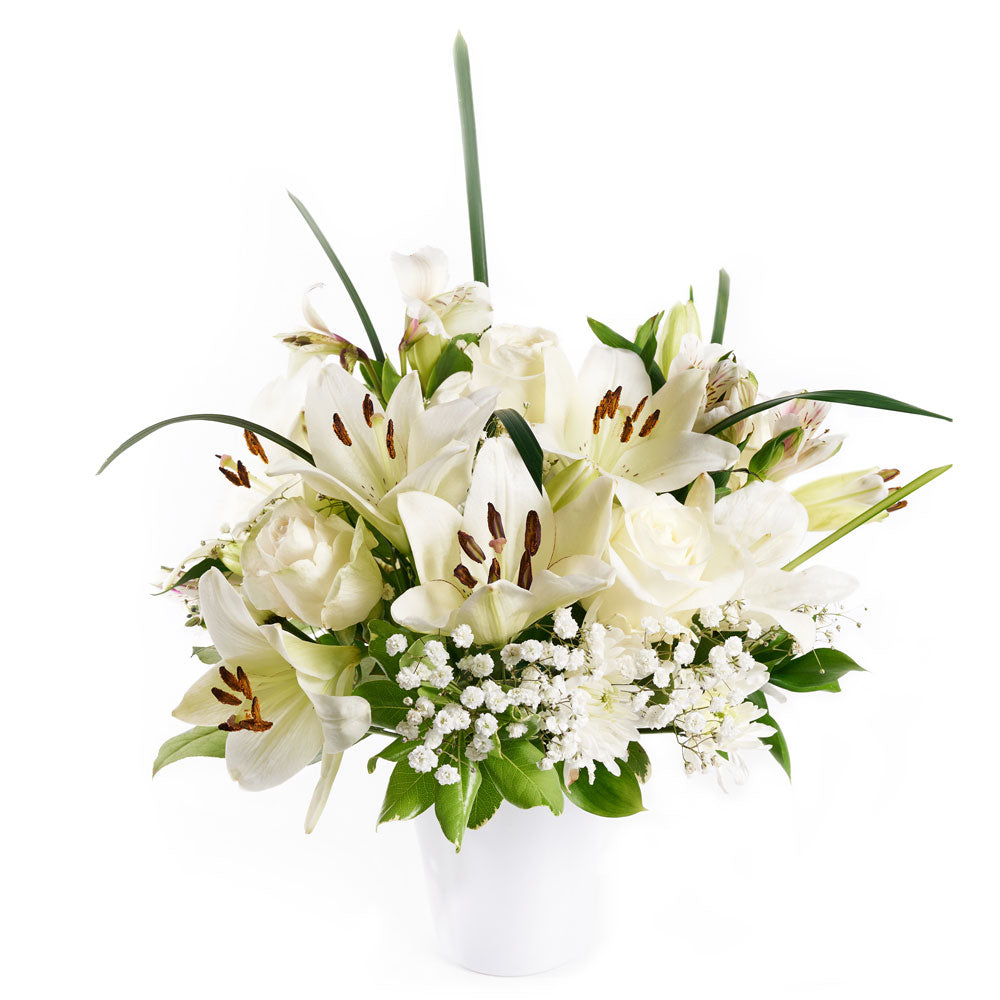 Alabaster Mixed Lily Arrangement, lilies, alstroemeria, roses, daisies, baby’s breath, and greens in a ceramic vessel, Lily Gifts from Canada Blooms - Same Day Canada Delivery.
