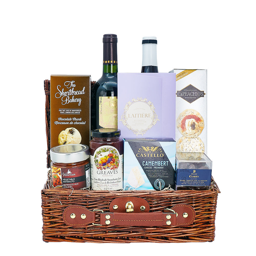 Ample Wine Gift Basket, two bottles of wine, along with cookies, crackers, cheese, chocolate, and vegetable antipasto, Wine Gifts from Canada Blooms - Same Day Canada Delivery.