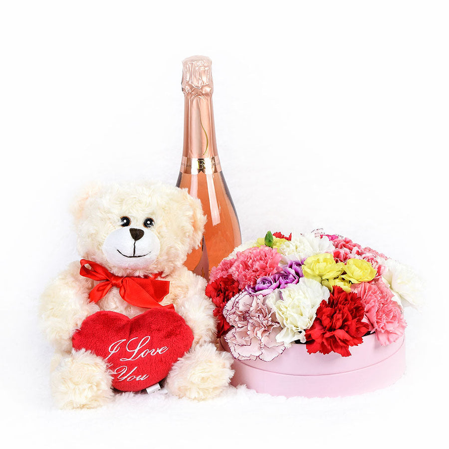 "Be Mine Forever" Flowers & Champagne Gift, selection of mixed carnations in a short pink designer hat box, plush toy, a bottle of sparkling wine, Flower Gifts from Blooms Canada - Same Day Canada Delivery.