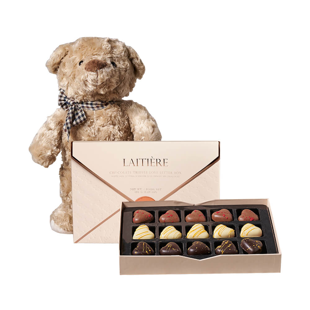 Bear &amp; Love Letter Truffle Gift, plush teddy bear toy and a love letter box of chocolate truffles, Love Gifts from Blooms Canada - Same Day Canada Delivery.