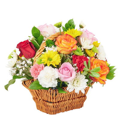 Bountiful Mixed Rose Arrangement, roses, carnations, daisies, baby’s breath, and greens in a classic wicker basket, Floral Gifts from Blooms Canada - Same Day Canada Delivery.