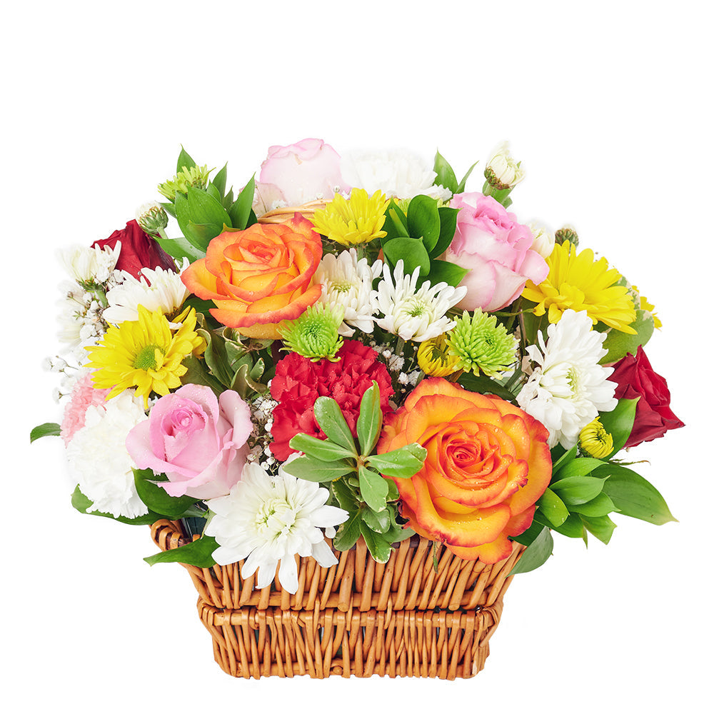 Bountiful Mixed Rose Arrangement, roses, carnations, daisies, baby’s breath, and greens in a classic wicker basket, Floral Gifts from Canada Blooms - Same Day Canada Delivery.