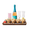 Bubbly Easter Cupcake Gift, four delicious Easter cupcakes, assorted macarons, a bottle of sparkling wine, two champagne flutes, and an acacia wood & slate serving board, Easter Gifts from Blooms Canada - Same Day Canada Delivery.