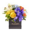 Bursting Beauty Iris Box Arrangement, contrasting roses, irises, hydrangea, and lilies, assorted selection of roses, irises, spray roses, hydrangea, lily, and greens gathered together in a stylish box, Flower Gifts from Blooms Canada - Same Day Canada Delivery.