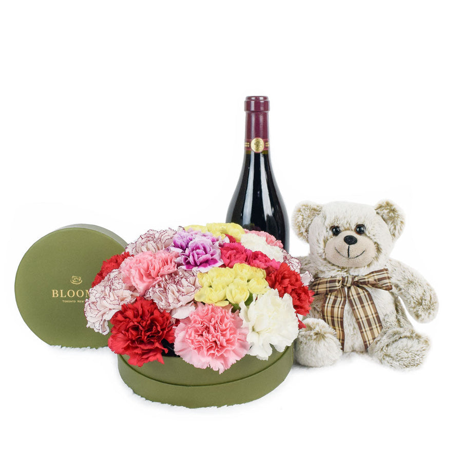 Carnation Box Arrangement With Wine, Plush and Chocolates - Wine Gift Set - Same Day Blooms Canada Delivery