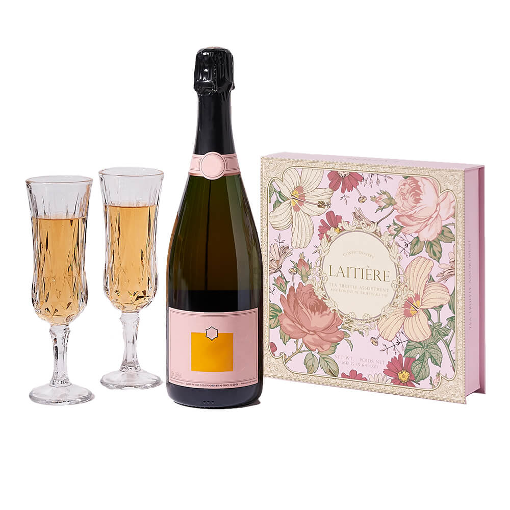 Champagne & Truffles for Two, bottle of sparkling wine, a box of chocolate truffles with tea-inspired flavors, and a pair of champagne flutes, Gourmet Gifts from Canada Blooms - Same Day Canada Delivery.