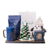 Chilly Penguin & Hot Chocolate Gift Board, plush penguin character, a milk chocolate hot chocolate bomb, indulgent hot chocolate, a box of chocolate truffles, a handmade Christmas tree cookie tower, a blue & gold mug, and a serving board, Holiday Gifts from Blooms Canada - Same Day Canada Delivery.