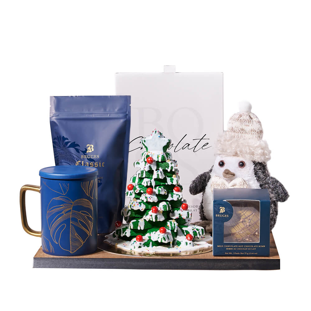 Chilly Penguin & Hot Chocolate Gift Board, plush penguin character, a milk chocolate hot chocolate bomb, indulgent hot chocolate, a box of chocolate truffles, a handmade Christmas tree cookie tower, a blue & gold mug, and a serving board, Holiday Gifts from Canada Blooms - Same Day Canada Delivery.
