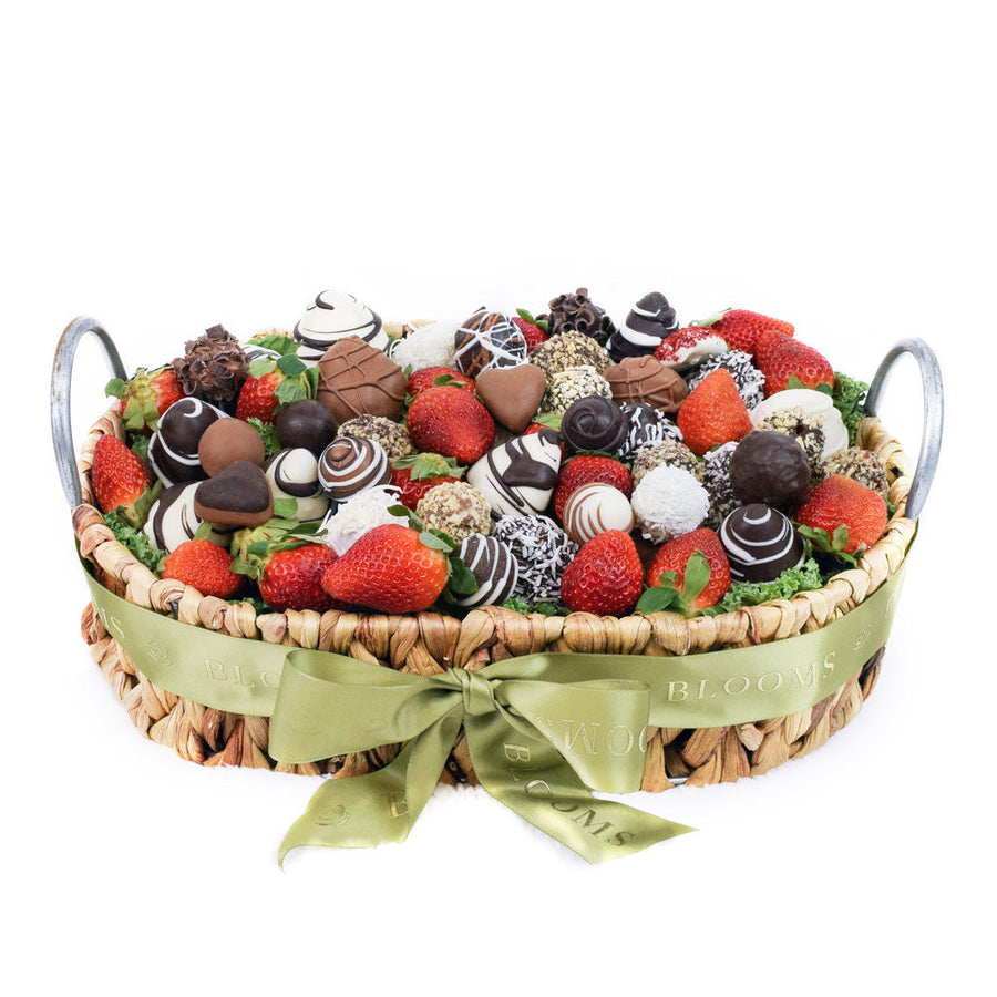 Chocolate Dipped Strawberries to Devour, stylized basket of delicious chocolate dipped strawberries, Fruit Gifts from Canada Blooms - Same Day Canada Delivery.