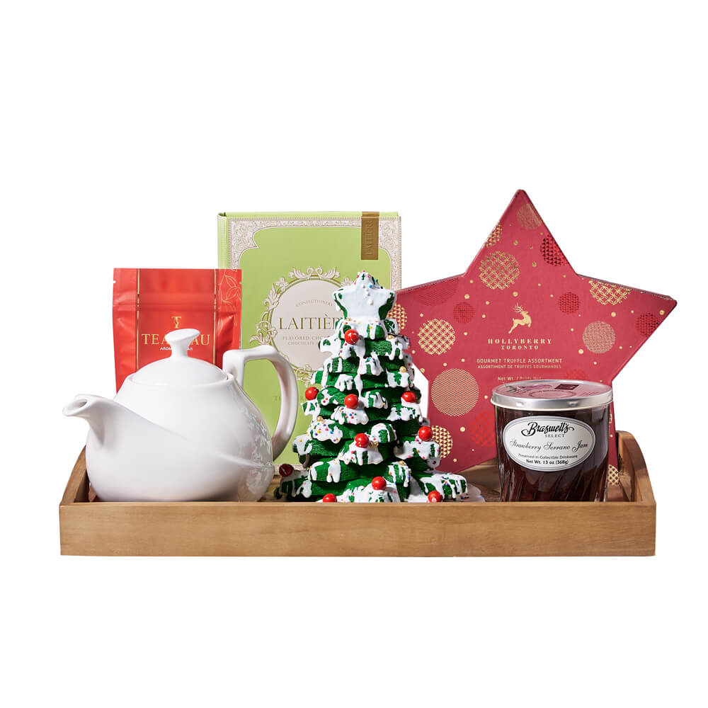 Christmas Tree Cookie & Treat Tray, holiday star chocolate box, a handmade Christmas tree cookie tower, a box of chocolate bars, warm cinnamon tea, strawberry serrano jam, a classic teapot, and a wooden serving tray, Holiday Gifts from Canada Blooms - Same Day Canada Delivery.