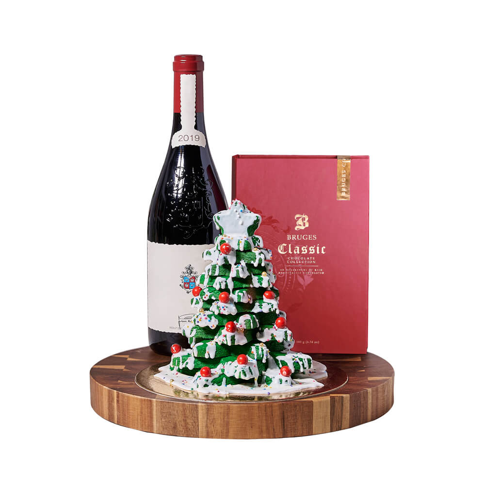 Christmas Tree & Wine Holiday Gift, wine gift, wine, chocolate gift, chocolate, christmas gift, christmas, holiday gift, holiday, from Canada Blooms - Same Day Canada Delivery.
