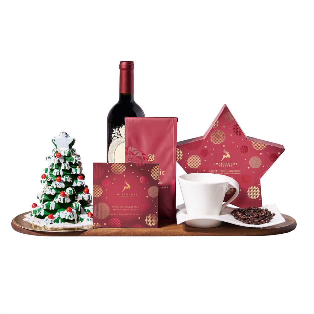 Comforting Christmas Coffee & Wine Gift, bottle of wine, a holiday star box of chocolate truffles, a handmade Christmas tree cookie tower, a bag of coffee, a dark chocolate bar, a ceramic cup and saucer, and a wooden serving board, Christmas gifts from Canada Blooms - Same Day Canada Delivery.