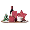 Comforting Christmas Coffee & Wine Gift, bottle of wine, a holiday star box of chocolate truffles, a handmade Christmas tree cookie tower, a bag of coffee, a dark chocolate bar, a ceramic cup and saucer, and a wooden serving board, Christmas gifts from Blooms Canada - Same Day Canada Delivery.