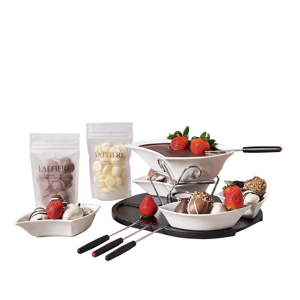 Craving Chocolate Fondue & Strawberries, complete fondue set with ceramic dishes and fondue sticks, milk chocolate melting morsels, white chocolate melting morsels, and 16 chocolate-covered strawberries for dipping, Fruit Gifts from Canada Blooms - Canada Delivery