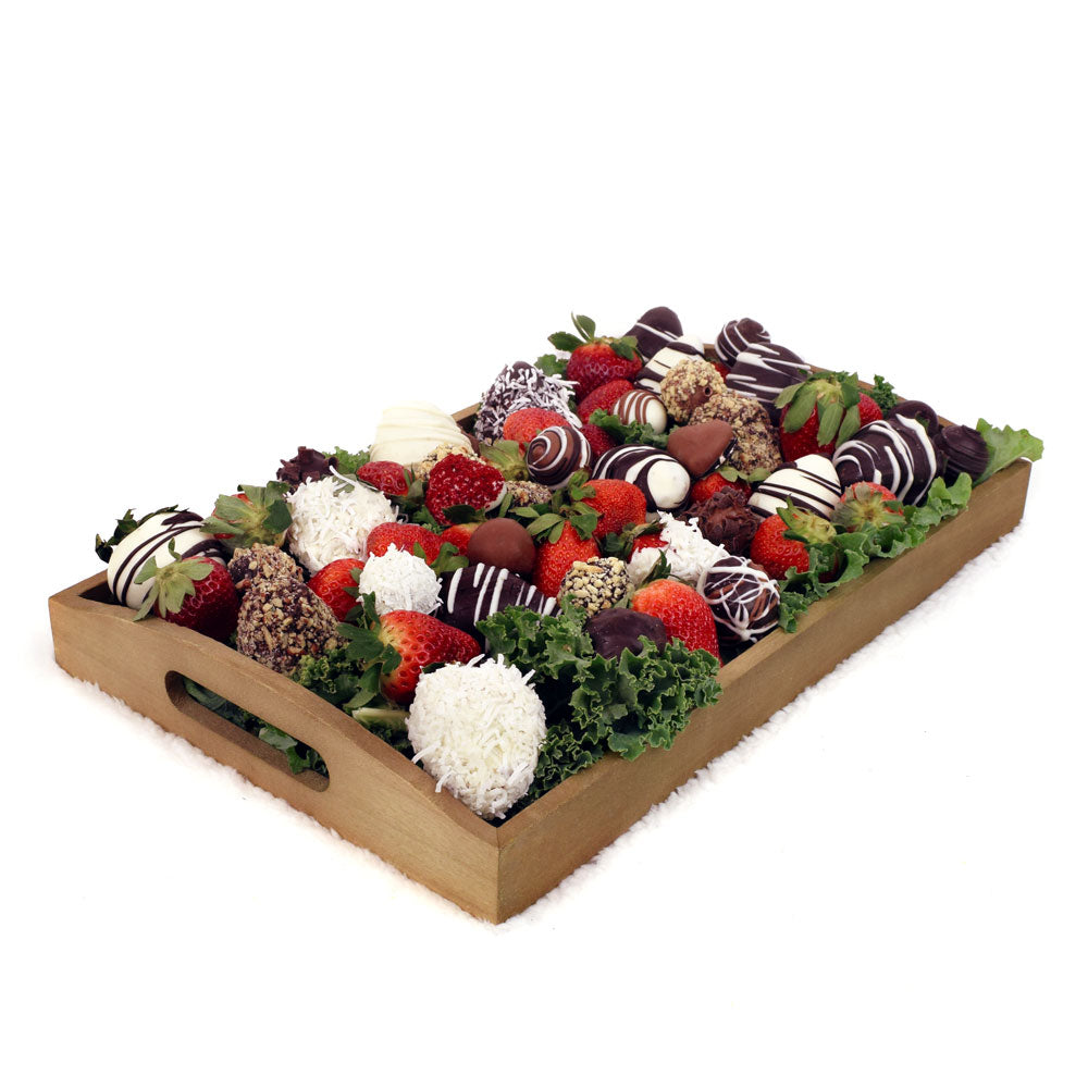 Dabble in Chocolate Dipped Strawberries, stylized serving tray arranged with delicious chocolate dipped strawberries, Chocolate Gifts from Canada Blooms - Canada Delivery