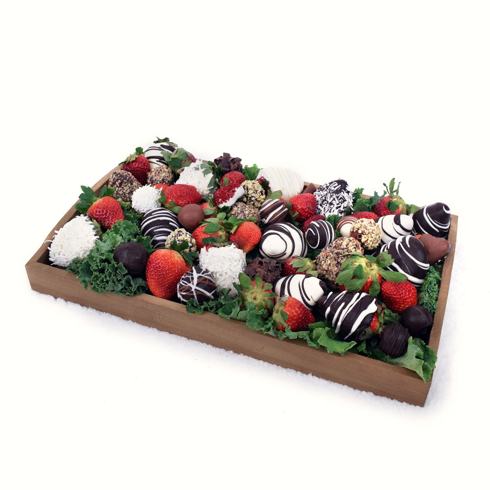 Dabble in Chocolate Dipped Strawberries, stylized serving tray arranged with delicious chocolate dipped strawberries, Chocolate Gifts from Canada Blooms - Canada Delivery