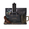 Dark Chocolate Delight Gift Set, black and gold mug, a bag of coffee, assorted dark chocolate truffles, dark chocolate high heels, dark chocolate mocha shortbread cookies, and a marble serving board, Gourmet Gifts from Blooms Canada - Same Day Canada Delivery.