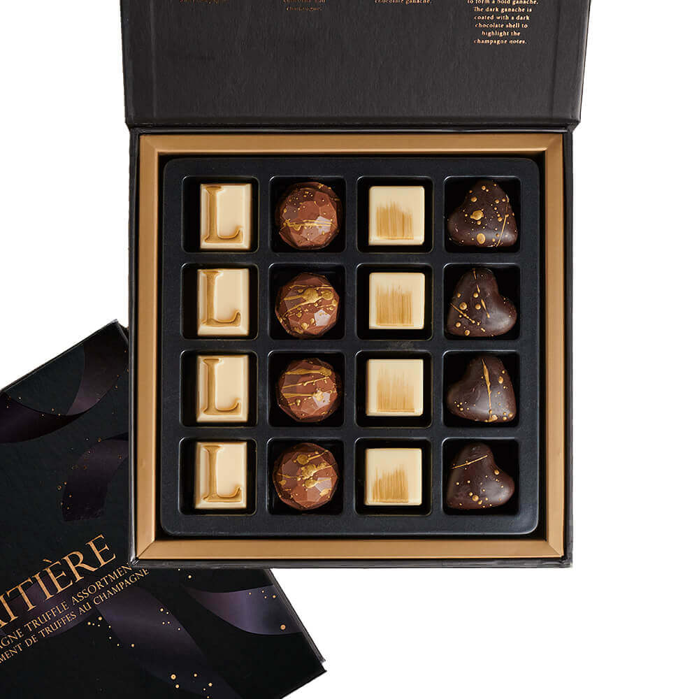 Dark Chocolate Variety Gift Board, bar of dark chocolate, dark chocolate chip mocha shortbread cookies, dark chocolate high heels, champagne-inspired chocolate truffles, and a beautiful hexagonal end-grain cutting board, Gourmet Gifts from Canada Blooms - Canada Delivery