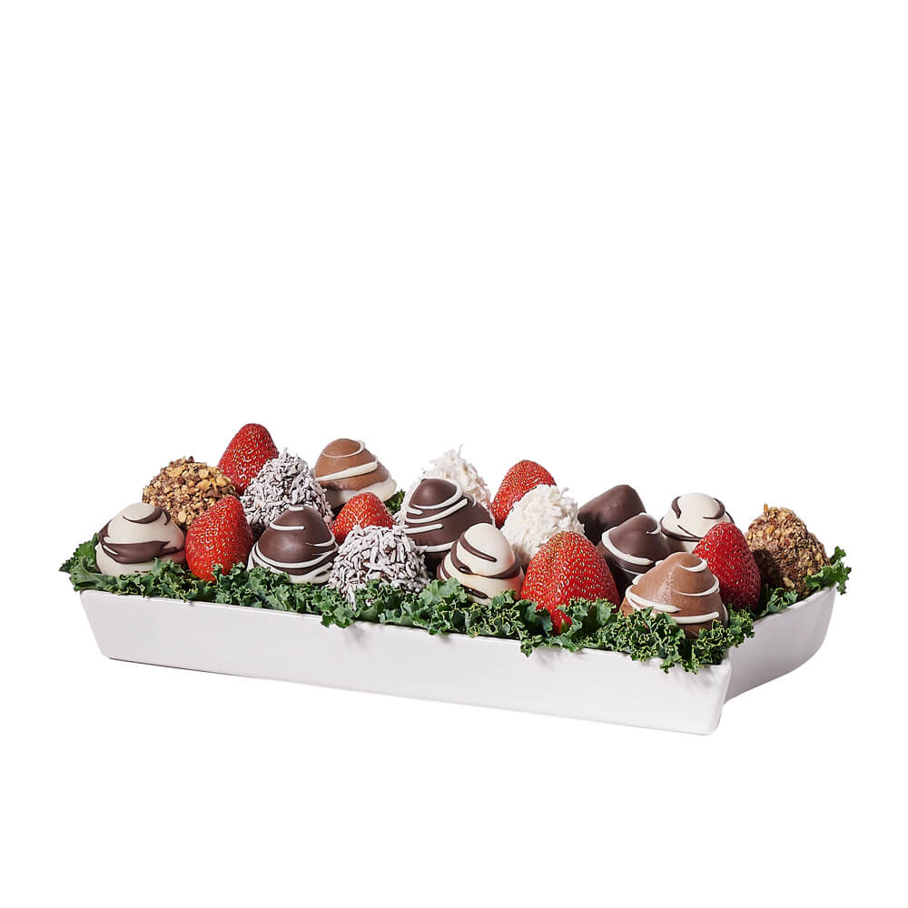 Decadent Strawberry Dessert Dish, 21 chocolate-covered strawberries adorned with a variety of toppings and decorations, elegantly arranged in a ceramic dish, Fruit Gifts from Canada Blooms - Canada Delivery