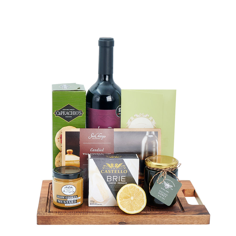 Deluxe Salmon & Wine Gift Basket, gourmet cheese, fine wine, and delightful smoked salmon, forming a harmonious blend of flavors that is sure to delight, Gourmet Gifts from Canada Blooms - Canada Delivery