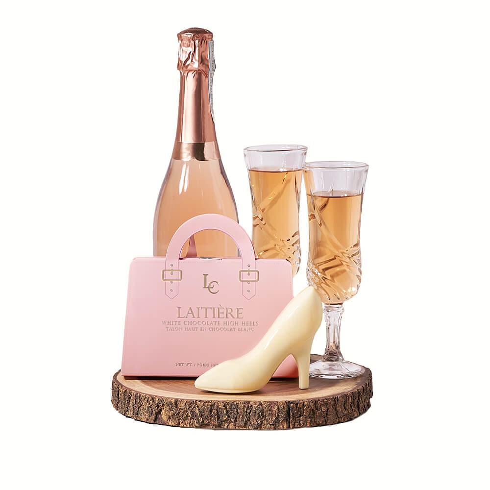 Diva Champagne & Chocolate Gift, bottle of sparkling wine, two champagne flutes, a set of white chocolate high heels, and a live-edge serving board, Champagne Gifts from Canada Blooms - Canada Delivery
