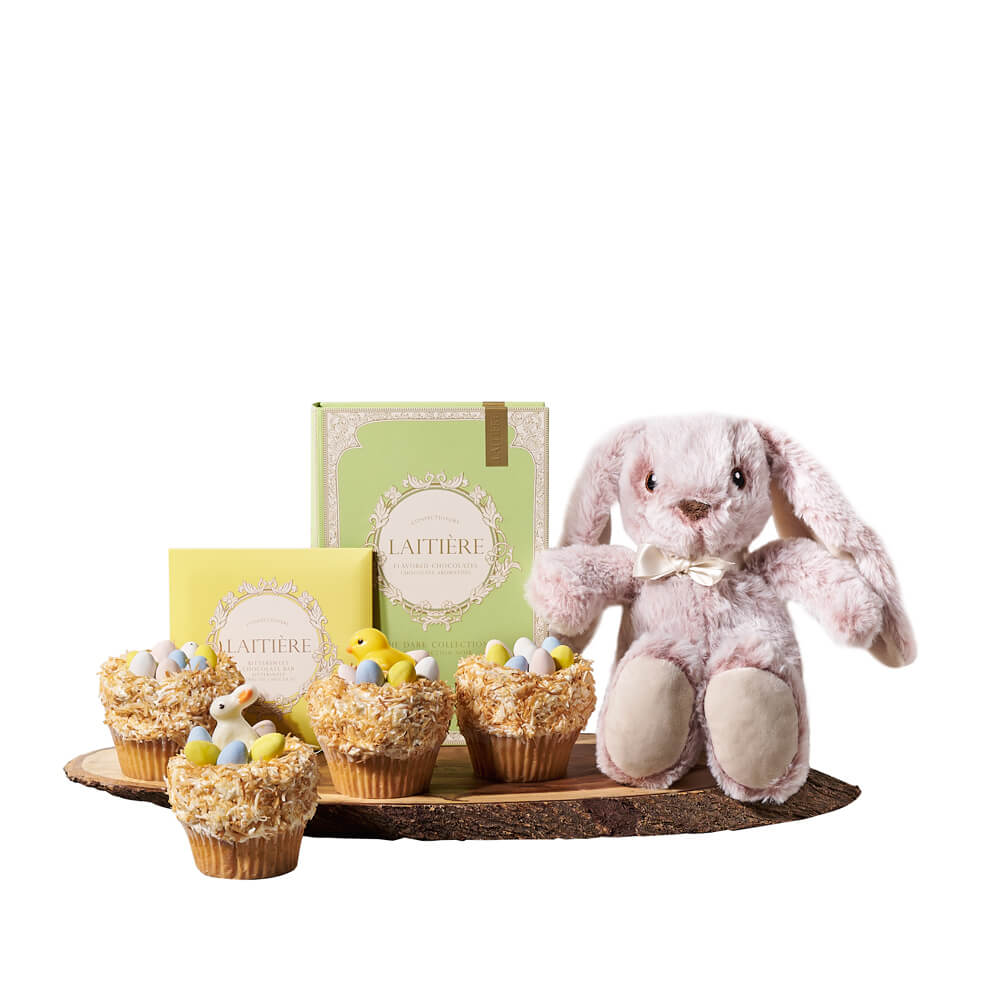 Easter Bunny Cupcakes &amp; Chocolate Gift, cute stuffed bunny, four Easter cupcakes, a box of decadent dark chocolate bars, a bar of pure dark chocolate, and a gorgeous live-edge serving board, Easter Gifts from Canada Blooms - Canada Delivery