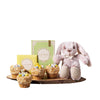 Easter Bunny Cupcakes & Chocolate Gift, cute stuffed bunny, four Easter cupcakes, a box of decadent dark chocolate bars, a bar of pure dark chocolate, and a gorgeous live-edge serving board, Easter Gifts from Blooms Canada - Same Day Canada Delivery.