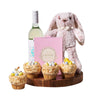 Easter Wine & Cupcake Gift, plush bunny toy, a set of four Easter cupcakes, a box of decadent chocolate truffles, a bottle of wine, and an end-grain cutting board, Easter Gifts from Blooms Canada - Same Day Canada Delivery.