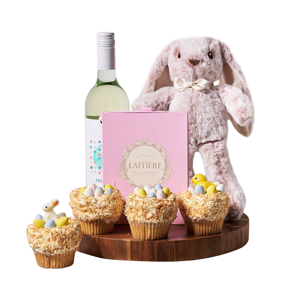 Easter Wine & Cupcake Gift, plush bunny toy, a set of four Easter cupcakes, a box of decadent chocolate truffles, a bottle of wine, and an end-grain cutting board, Easter Gifts from Canada Blooms - Canada Delivery
