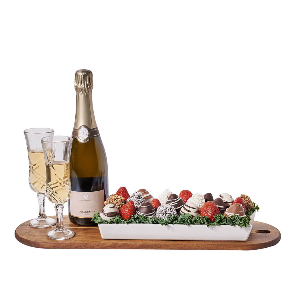 Elegant Champagne & Chocolate Strawberry Gift, bottle of sparkling wine, two champagne flutes, 21 chocolate-covered strawberries arranged in a ceramic dish, and a wooden serving board, Gourmet Gifts from Canada Blooms - Canada Delivery