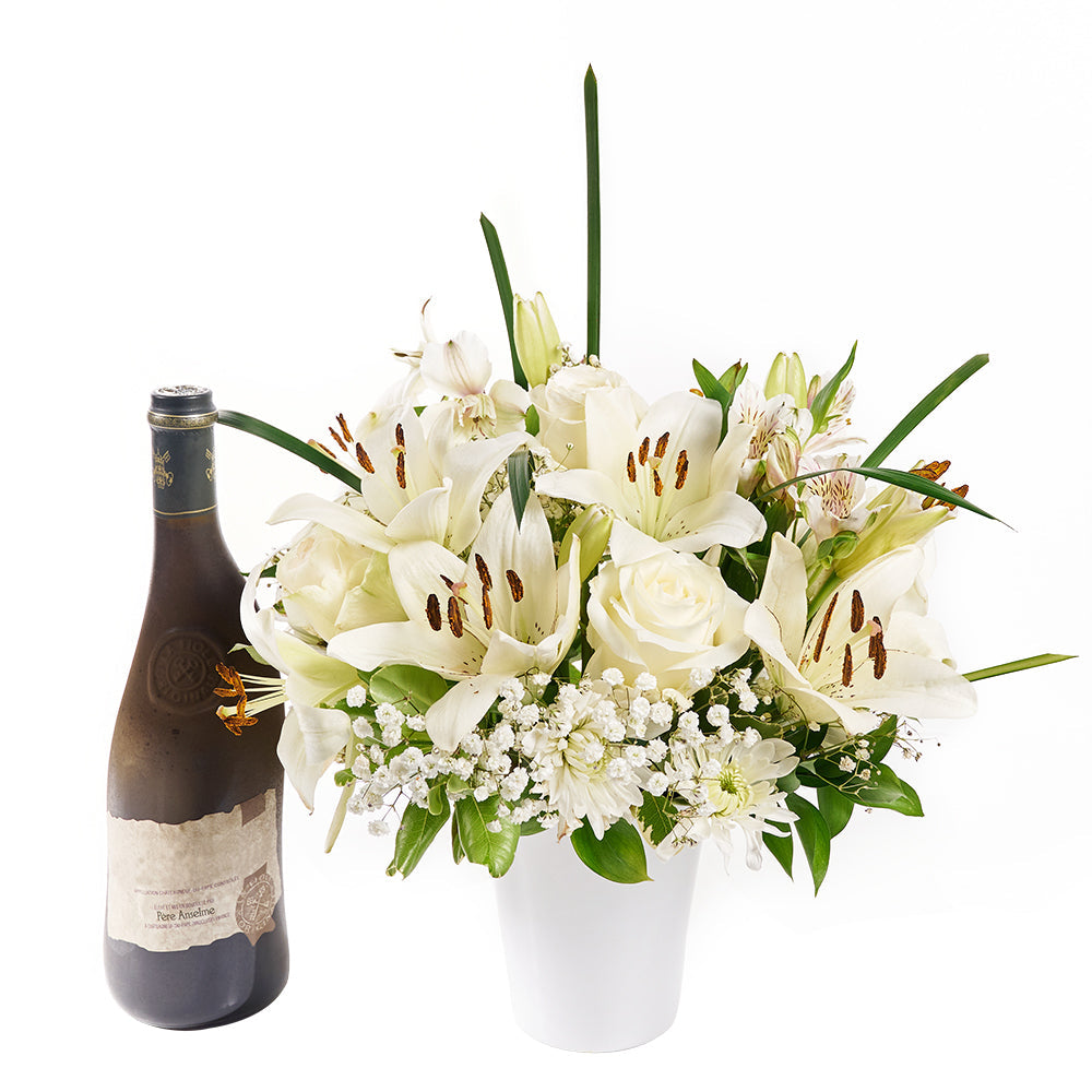 Everyday Luxury Flowers & Wine Gift, mixed bouquet of pristine white flowers accompanied by a bottle of fine wine, Wine Gifts from Canada Blooms - Same Day Canada Delivery.