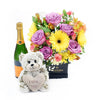 extravagant Floral Sunrise Mixed Arrangement Gift Set - Plushie, Champagne, Flower Hat Box - Same Day Toronto Delivery
