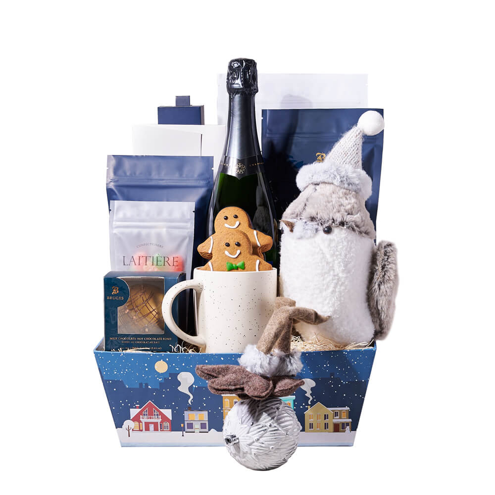Festive Sparrow & Champagne Christmas Gift, bottle of sparkling wine, a holiday plush bird, two gingerbread cookies, a hot chocolate bomb, hot chocolate, sour gummy bears, dark chocolate chip shortbread cookies, a white chocolate bar, white chocolate caramel pretzel popcorn with pecans, dark chocolate truffles, a speckled mug, and a Christmas village gift tray for a festive presentation, Holiday Gifts from Canada Blooms - Canada Delivery