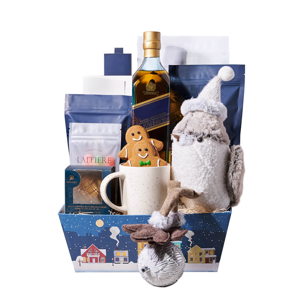 Festive Sparrow & Liquor Christmas Gift, bottle of liquor, a holiday plush bird, two gingerbread cookies, a hot chocolate bomb, hot chocolate, sour gummy bears, dark chocolate chip shortbread cookies, a white chocolate bar, white chocolate caramel pretzel popcorn with pecans, dark chocolate truffles, a speckled mug, and a Christmas village gift tray for a festive presentation, Holiday Gifts from Canada Blooms - Canada Delivery