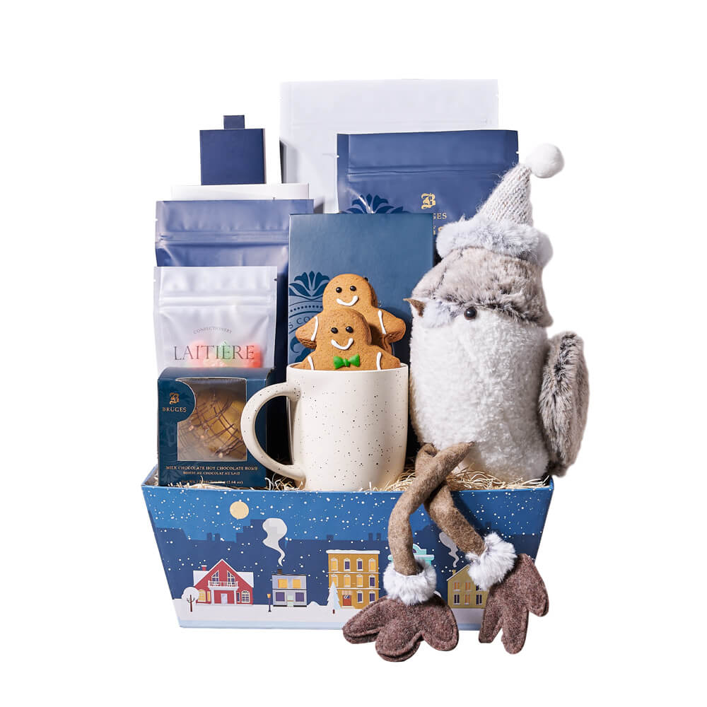 Festive Sparrow & Sweet Treat Gift, adorable holiday plush bird, two gingerbread cookies, dark chocolate chip shortbread cookies, a hot chocolate bomb, hot chocolate, sour gummy bears, a white chocolate bar, white chocolate caramel pretzel popcorn with pecans, dark chocolate-covered coffee beans, dark chocolate truffles, a speckled mug, and a holiday tray for a festive presentation, Gourmet Gifts from Canada Blooms - Canada Delivery