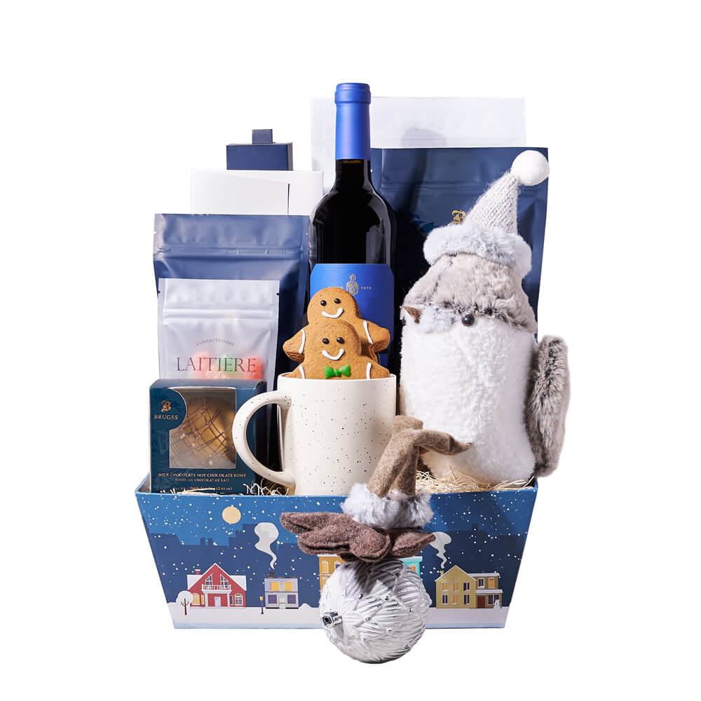 Festive Sparrow & Wine Christmas Gift, bottle of wine, a holiday plush bird, two gingerbread cookies, a hot chocolate bomb, hot chocolate, sour gummy bears, dark chocolate chip shortbread cookies, a white chocolate bar, white chocolate caramel pretzel popcorn with pecans, dark chocolate truffles, a speckled mug, and a holiday tray for an elegant presentation, Holiday Gifts from Canada Blooms - Canada Delivery