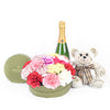 For The Love of My Life Flowers & Champagne Gift, mixed carnations and mini carnations in a short green designer hat box, Bottle of Sparkling Wine, Plush Silver Jamie Bear, box of 12 assorted chocolate truffles, Flower Gifts from Blooms Canada - Same Day Canada Delivery.
