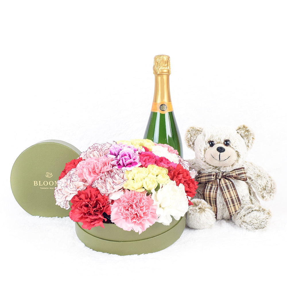 For The Love of My Life Flowers & Champagne Gift, mixed carnations and mini carnations in a short green designer hat box, Bottle of Sparkling Wine, Plush Silver Jamie Bear, box of 12 assorted chocolate truffles, Flower Gifts from Canada Blooms - Canada Delivery