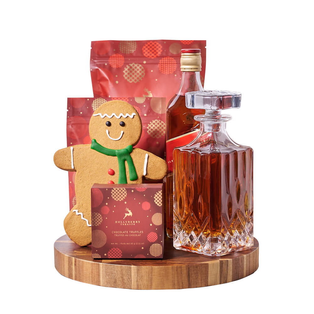 Gingerbread Man & Holiday Decanter Gift, bottle of liquor, a stunning glass decanter, a hand-decorated gingerbread cookie, chocolate truffles, white chocolate cranberry pistachio bark, white chocolate peppermint popcorn, and an end-grain cutting board for serving, Holiday Gifts from Canada Blooms - Canada Delivery