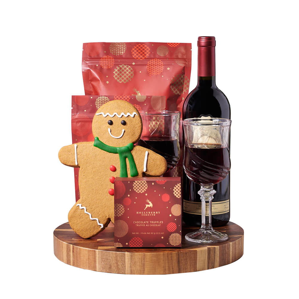 Gingerbread Man & Holiday Wine Gift, bottle of wine, two wine glasses, a gingerbread cookie, chocolate truffles, white chocolate peppermint popcorn, white chocolate cranberry pistachio bark, and an end-grain cutting board, Holiday Gifts from Canada Blooms - Canada Delivery