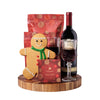 Gingerbread Man & Holiday Wine Gift, bottle of wine, two wine glasses, a gingerbread cookie, chocolate truffles, white chocolate peppermint popcorn, white chocolate cranberry pistachio bark, and an end-grain cutting board, Holiday Gifts from Blooms Canada - Same Day Canada Delivery.