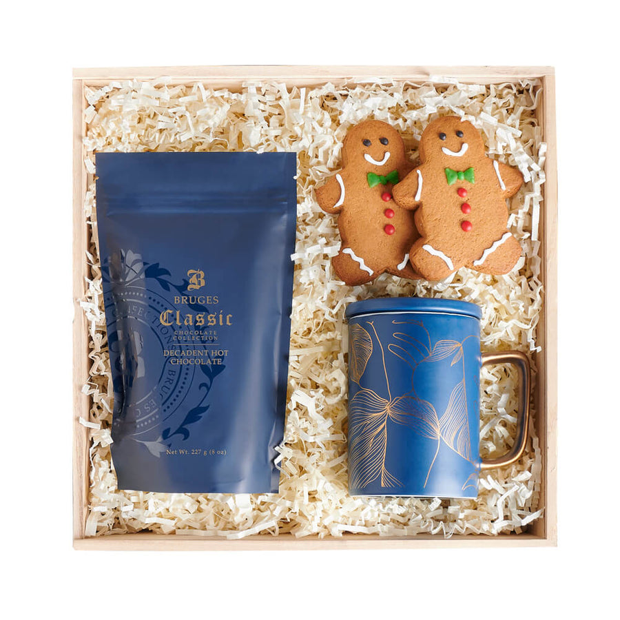 Gingerbread & Cocoa Gift Box, indulgent hot chocolate, handmade gingerbread cookies, a charming blue & gold mug, and a wooden gift box for elegant presentation and convenient storage, Gourmet Gifts from Blooms Canada - Same Day Canada Delivery.