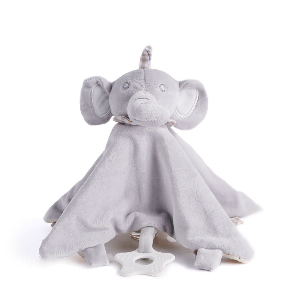 Grey Plush Elephant Blanket, plush elephant head and an attached plastic ring for teething, Baby Gifts from Canada Blooms - Canada Delivery