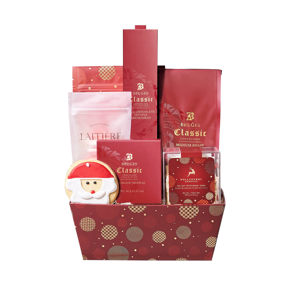 Holiday Coffee Break Gift, coffee, peppermint bark, chocolate truffles, milk chocolate truffles, cherry cream gummy rings, white chocolate cranberry shortbread cookies, a hand-decorated Santa cookie, and a holiday tray for a festive presentation, Holiday Gifts from Canada Blooms - Canada Delivery