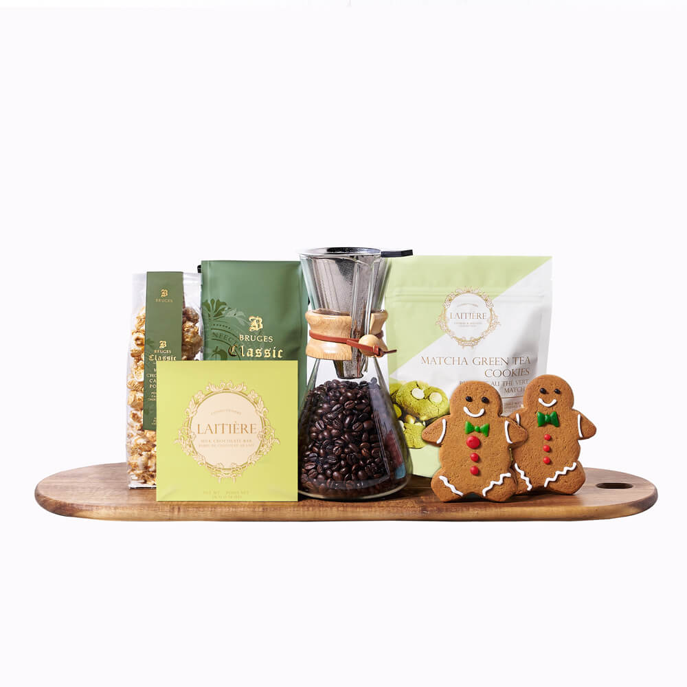 Holiday Cookie & Coffee Gift Set, white chocolate caramel gourmet popcorn, coffee, matcha green tea cookies, two gingerbread cookies, milk chocolate, a pour-over coffee carafe, and a long wooden serving board, Holidays Gifts from Canada Blooms - Canada Delivery
